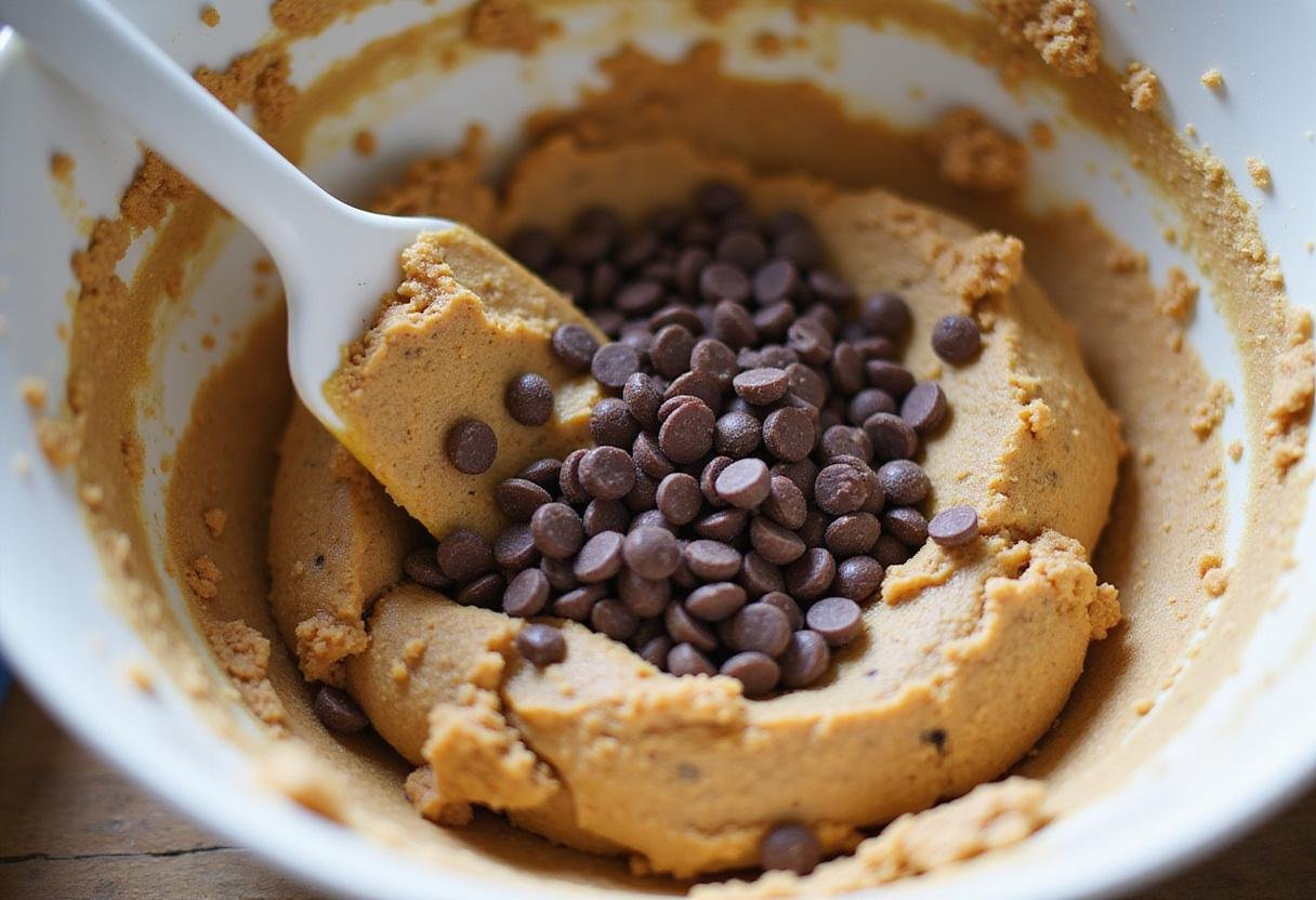 Folding chocolate chips into cookie dough for flavorful Mexican chocolate chip cookies on a wooden countertop.