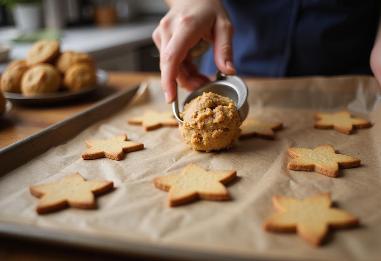 Scooping cookie dough onto a baking sheet for freshly baked Mexican chocolate chip cookies in a homey kitchen.