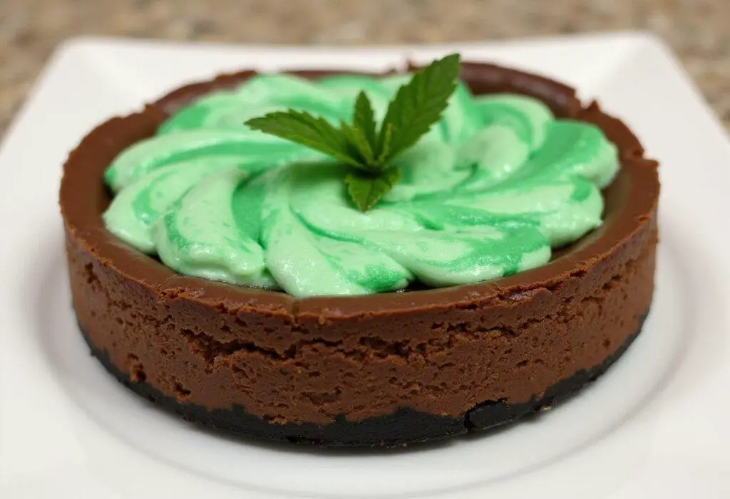 Final presentation of the Mystic Mint Chocolate Cheesecake with Slytherin Green Swirl, an indulgent dessert highlighting luxurious flavors and stunning visual appeal.