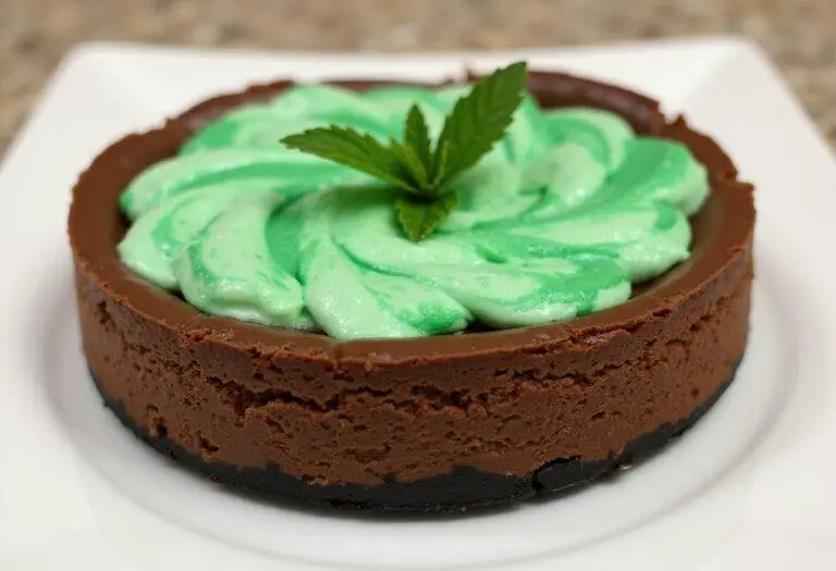 Final presentation of the Mystic Mint Chocolate Cheesecake with Slytherin Green Swirl, an indulgent dessert highlighting luxurious flavors and stunning visual appeal.