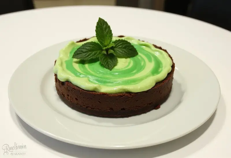 Final presentation of the Mystic Mint Chocolate Cheesecake with Slytherin Green Swirl, an indulgent dessert highlighting luxurious flavors and stunning visual appeal.