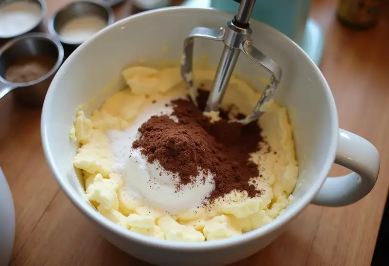 Cream cheese and cocoa powder mixed for Mystic Mint Chocolate Cheesecake, creating a velvety chocolate base for the Slytherin Green Swirl.