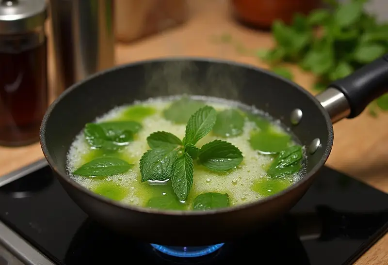 Fresh mint syrup preparation for Mystic Mint Chocolate Cheesecake, providing the essential mint flavor for the Slytherin Green Swirl.