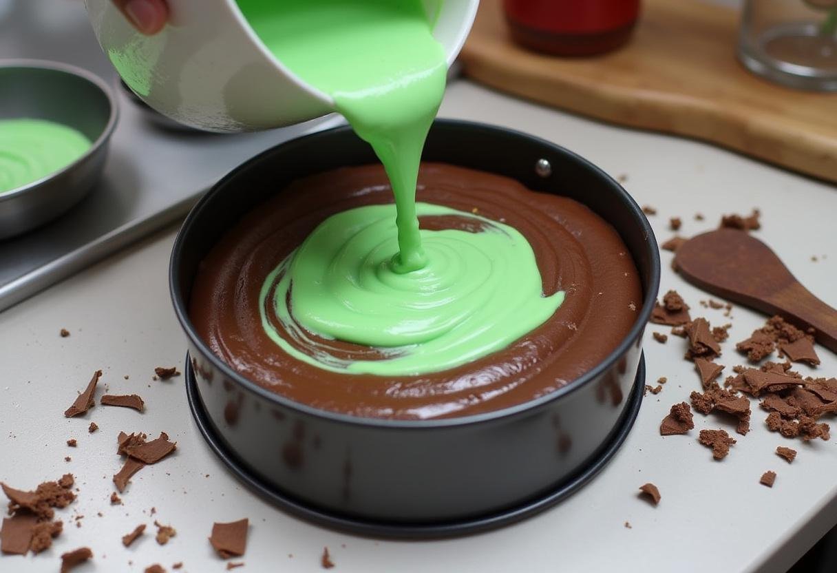 Layering the Mystic Mint Chocolate Cheesecake with Slytherin Green Swirl, showcasing the chocolate and mint mixture being swirled together elegantly.
