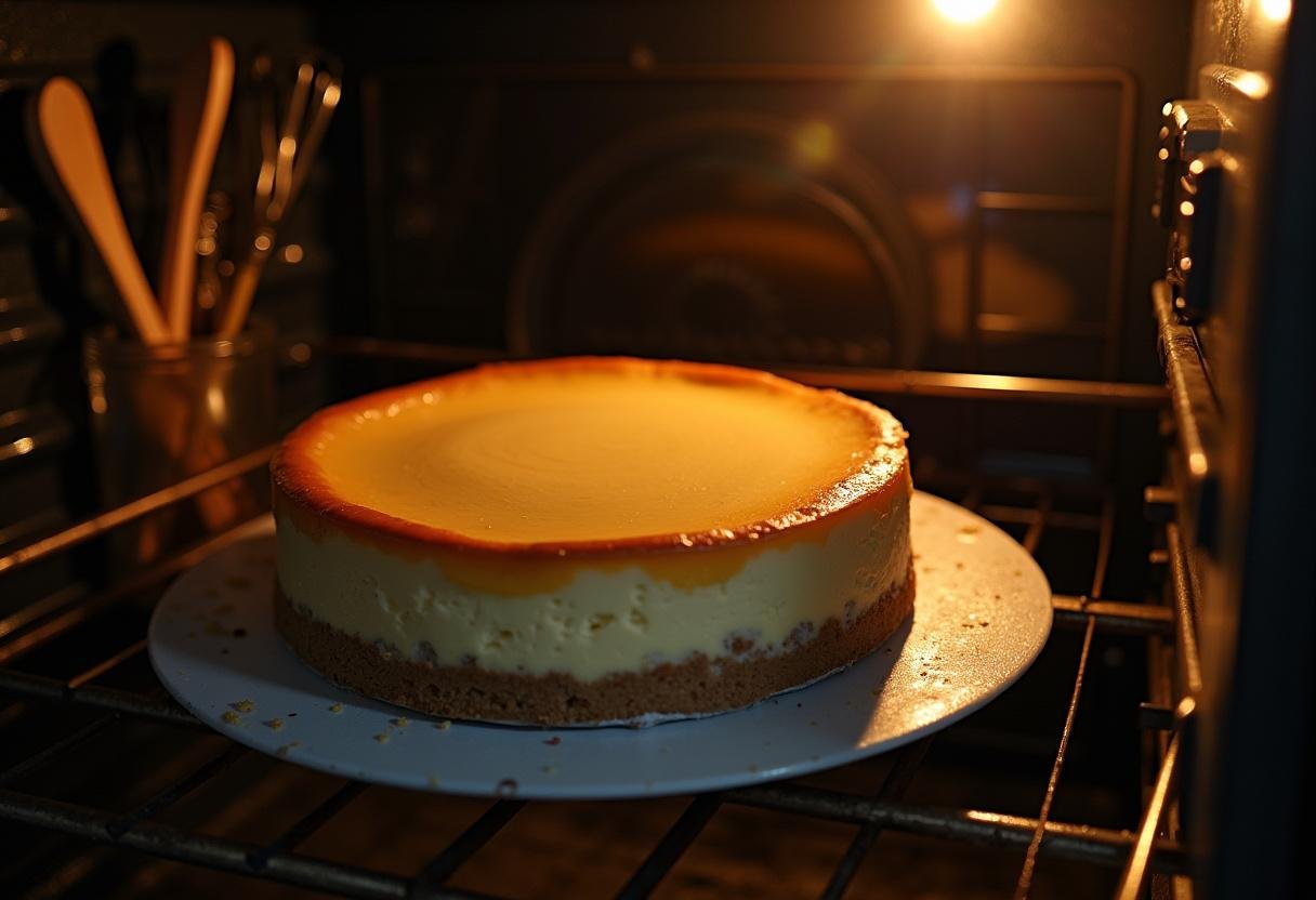 Baking process of the Mystic Mint Chocolate Cheesecake, ensuring the Slytherin Green Swirl sets perfectly in the oven for a delicious outcome.