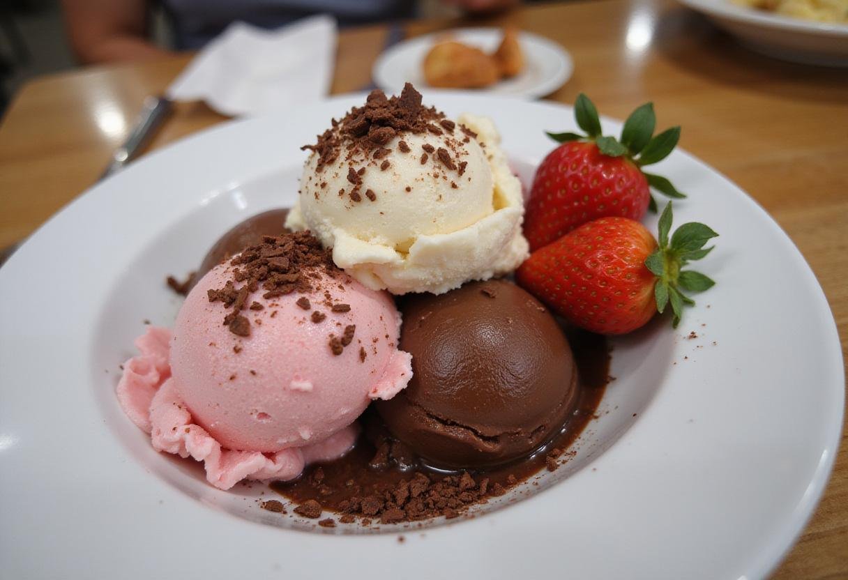 Delicious bowl of Neapolitan ice cream served with fresh fruits and chocolate shavings, perfect for a sweet treat.