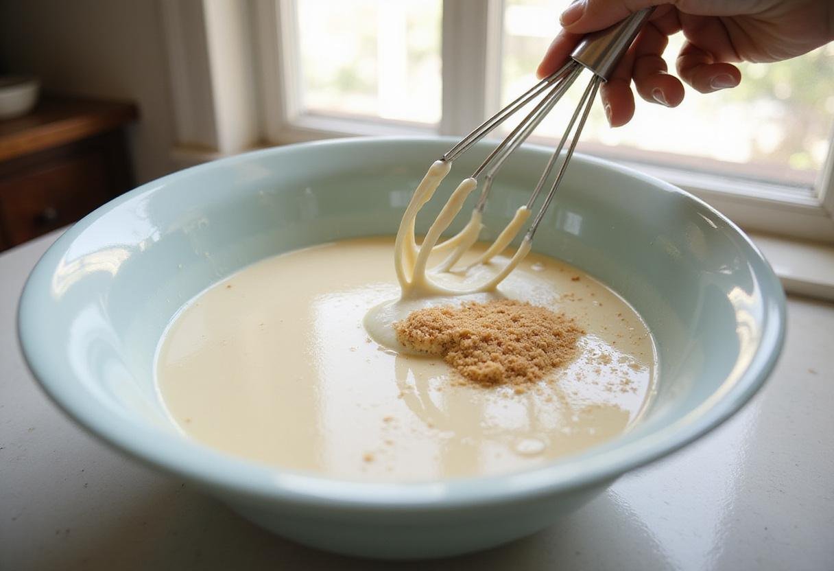 Mixing fresh ingredients for Neapolitan ice cream in a sunny kitchen, showcasing vanilla, sugar, and cream.