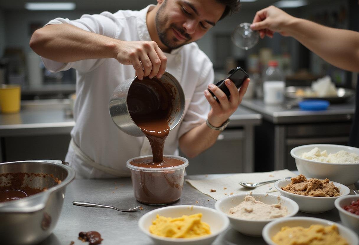 Pouring chocolate base for Neapolitan ice cream into a container, emphasizing the preparation of delicious flavors.