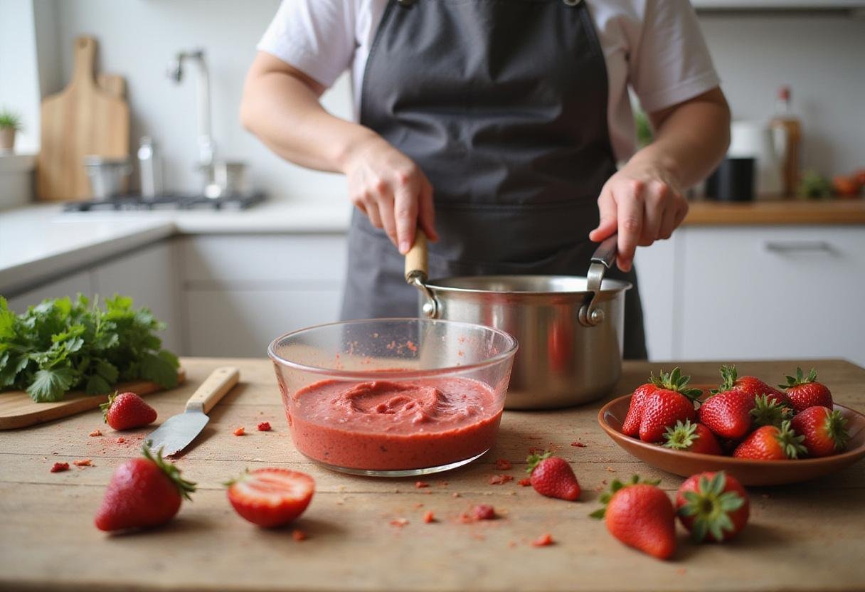Cooking strawberry mixture for Neapolitan ice cream in a vibrant kitchen, highlighting fresh strawberries and flavor preparation.