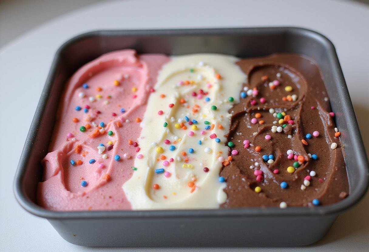 Layering strawberry, vanilla, and chocolate mixtures for Neapolitan ice cream in a loaf pan, showcasing vibrant colors and textures.