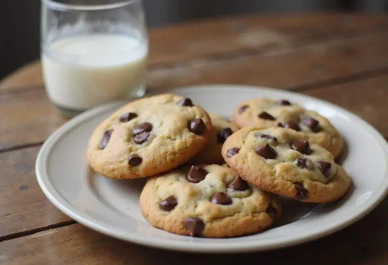 Mouthwatering no butter chocolate chip cookies served on a plate with a glass of milk, showcasing a delicious cookie recipe without butter.
