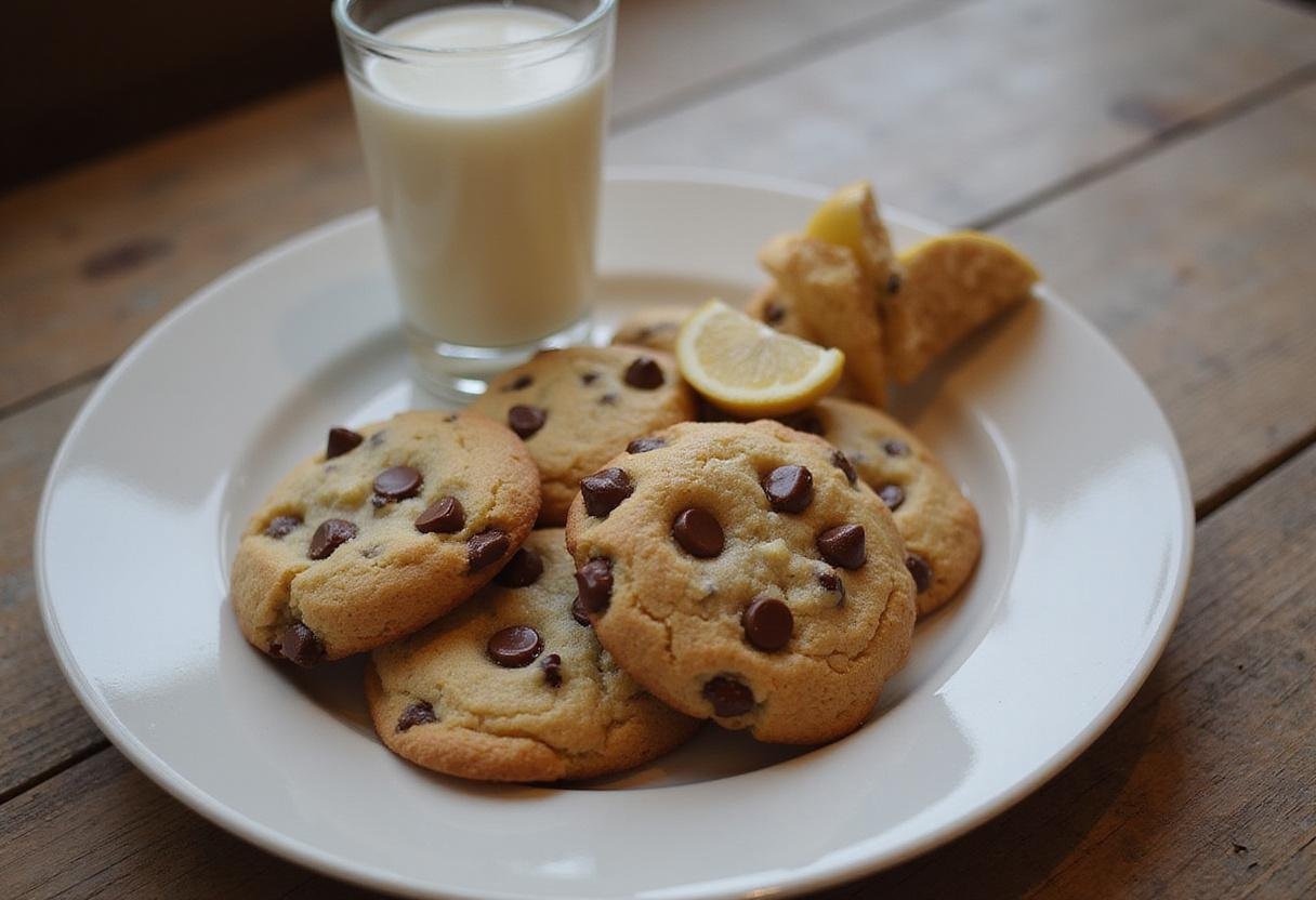 Mouthwatering no butter chocolate chip cookies served on a plate with a glass of milk, showcasing a delicious cookie recipe without butter.