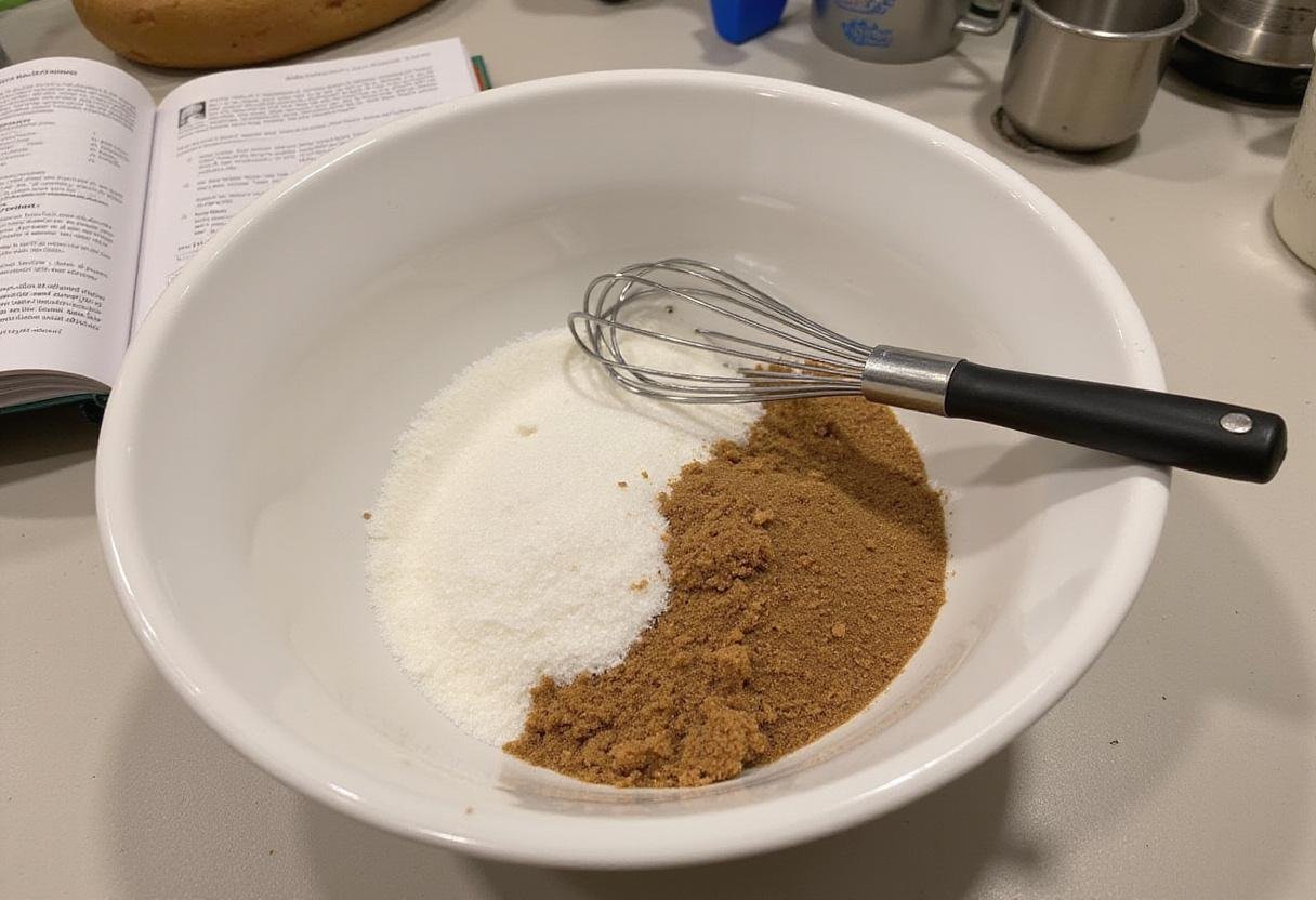 Ingredients for chocolate chip cookies no butter: sugar and brown sugar in a bowl on a kitchen countertop.