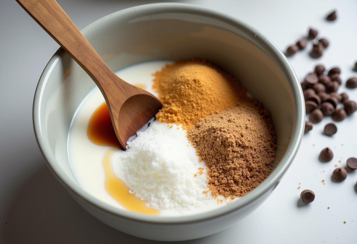 Preparation stage of cookie recipe without butter: mixing wet ingredients with sugars for chocolate chip cookies.