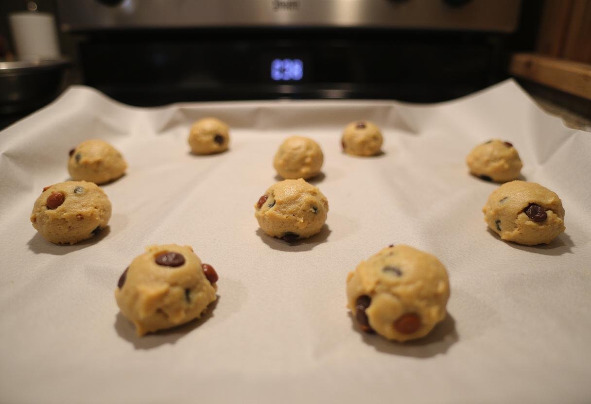 Shaping cookie dough for chocolate chip cookies no butter: balls of cookie dough on a baking sheet ready for the oven.