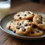 Delicious no butter chocolate chip cookies, beautifully displayed on a plate, perfect for enjoying with milk.