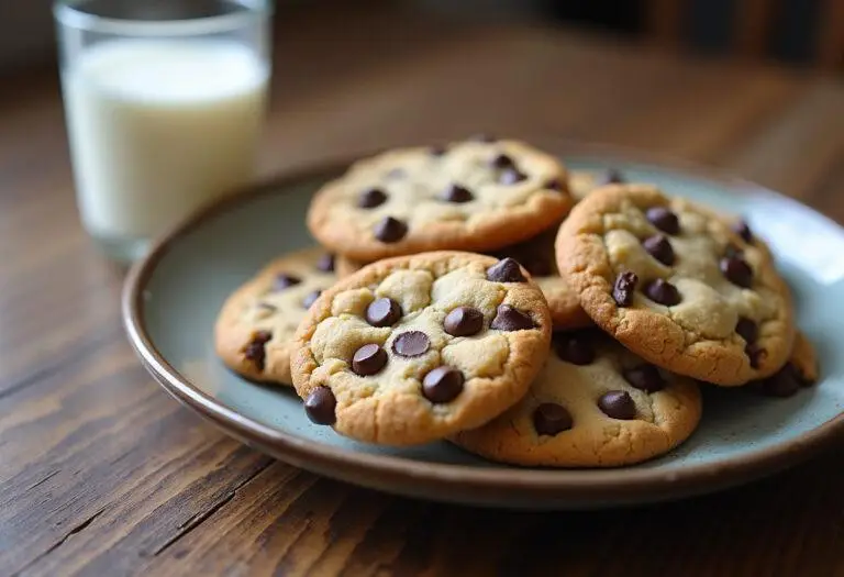 Delicious no butter chocolate chip cookies, beautifully displayed on a plate, perfect for enjoying with milk.