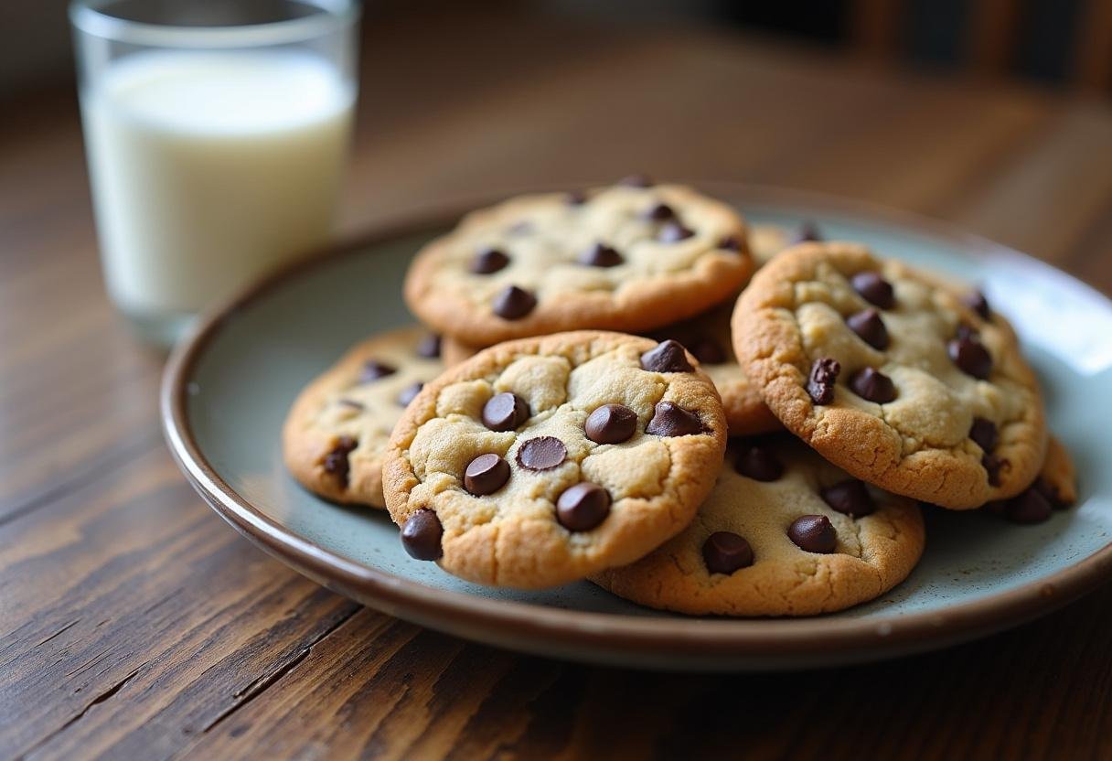 Delicious no butter chocolate chip cookies, beautifully displayed on a plate, perfect for enjoying with milk.