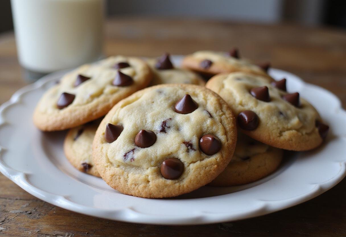 Delicious no butter chocolate chip cookies, beautifully displayed on a plate, perfect for enjoying with milk.