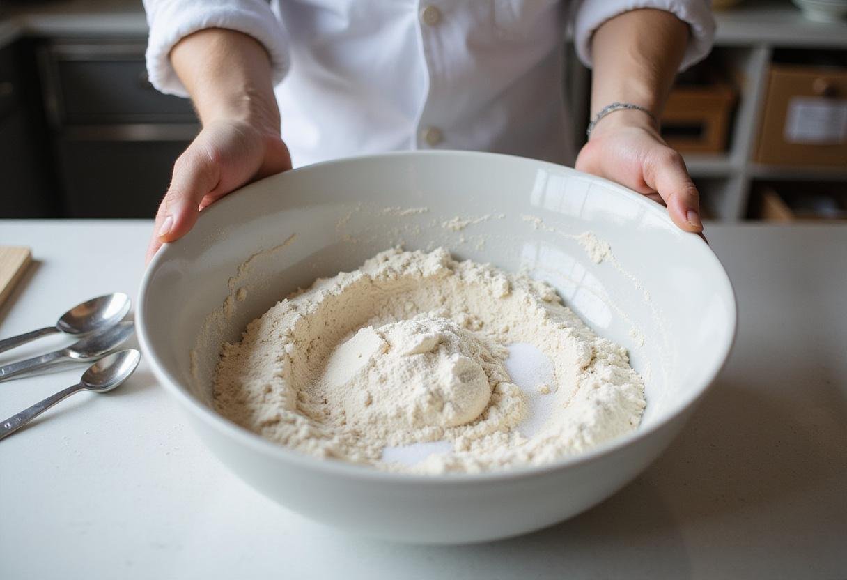 Step for a cookie recipe without butter, showing the dry ingredients being combined for chocolate chip cookies.