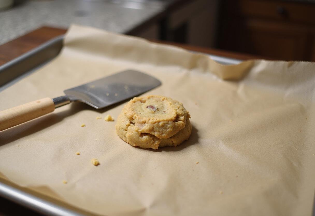 Final preparation step for baking chocolate chip cookies made without brown sugar, showcasing cookie dough on a parchment-lined tray.