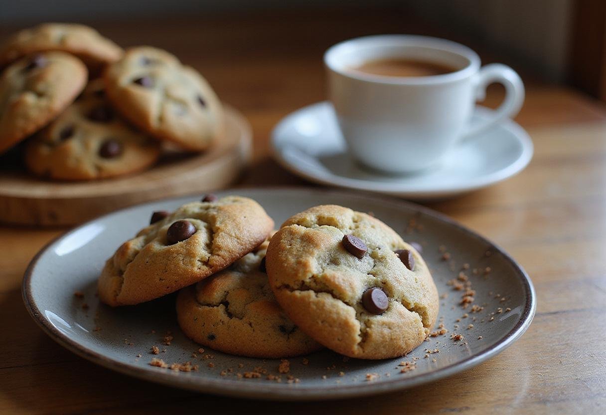 Delicious paleo chocolate chip cookies arranged on a plate, perfect for a healthy snack or dessert.