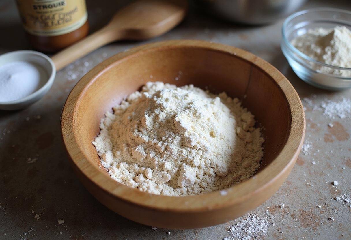 Ingredients for paleo chocolate chip cookies including almond flour, coconut sugar, and baking soda on a kitchen counter.