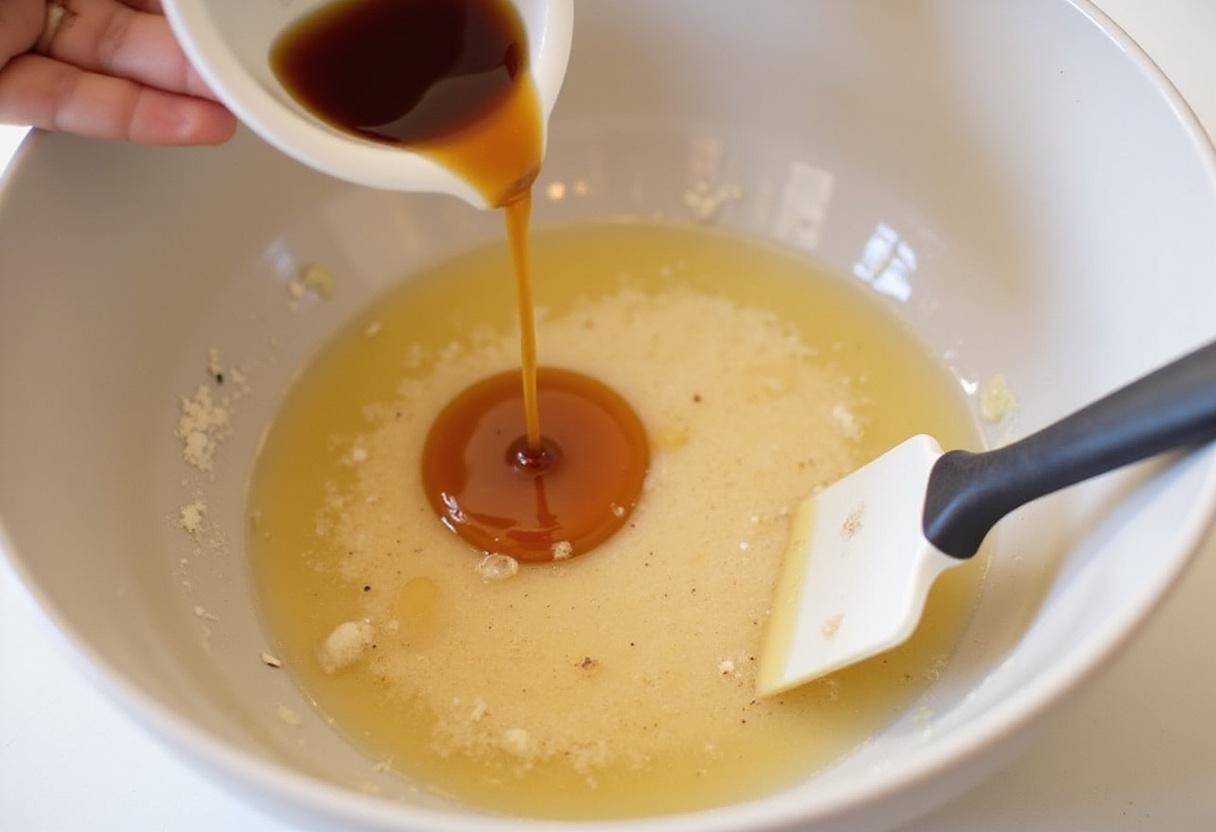 Combining melted coconut oil and vanilla extract for paleo chocolate chip cookies batter in a mixing bowl.