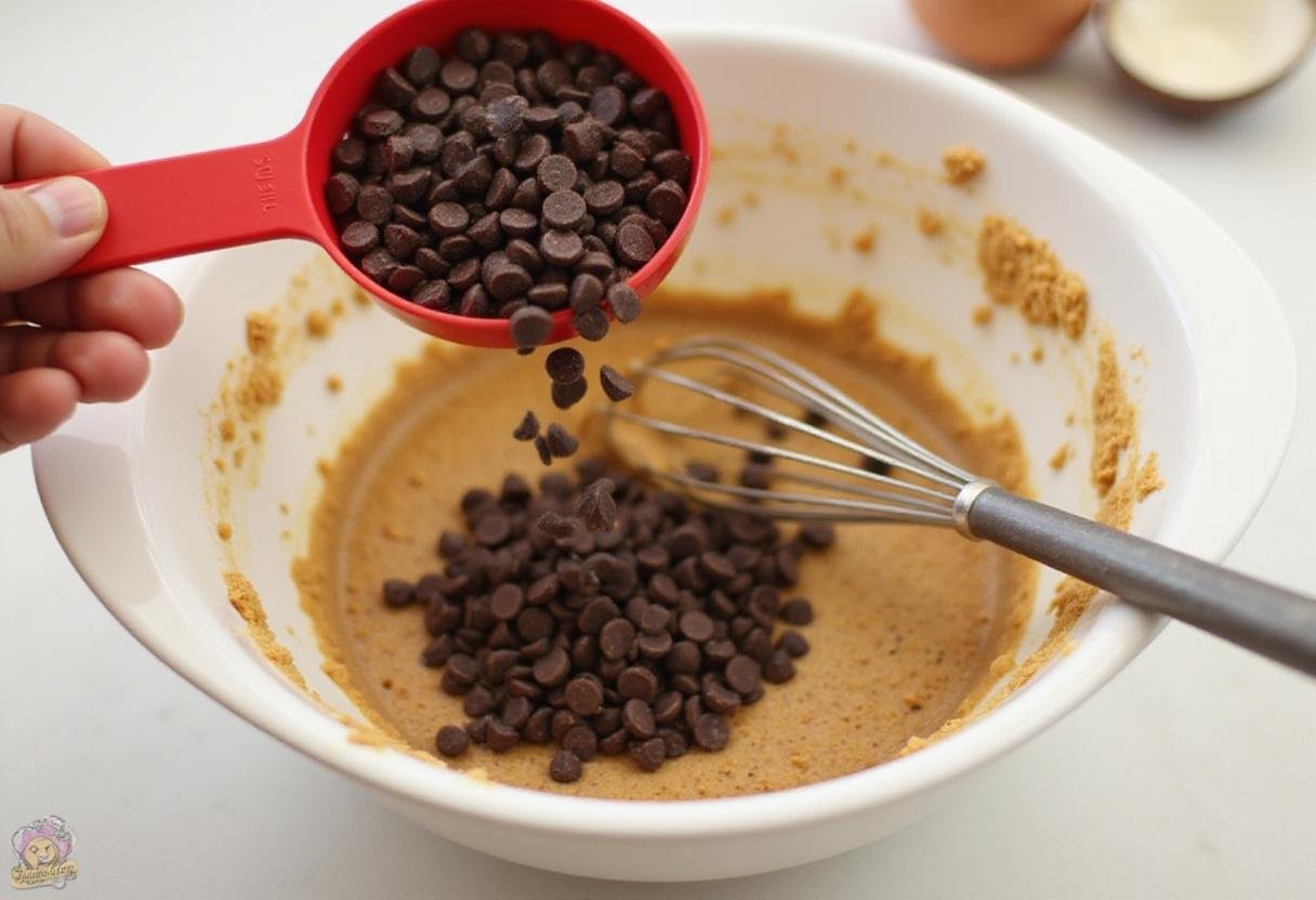 Adding unsweetened chocolate chips to the batter for paleo chocolate chip cookies, showcasing the preparation process.