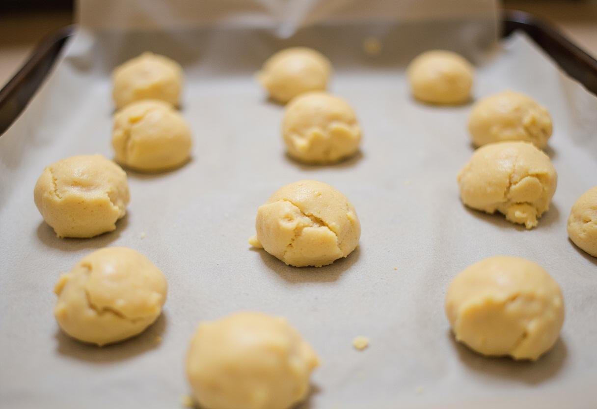 Cookie dough balls on a baking sheet prepared for baking paleo chocolate chip cookies in the oven.