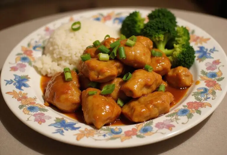 Serving the delicious Panda Express Orange Chicken Copycat Recipe, beautifully plated with rice and broccoli.