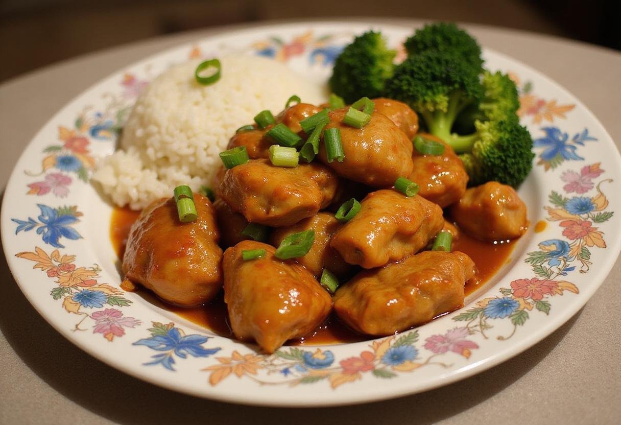 Serving the delicious Panda Express Orange Chicken Copycat Recipe, beautifully plated with rice and broccoli.