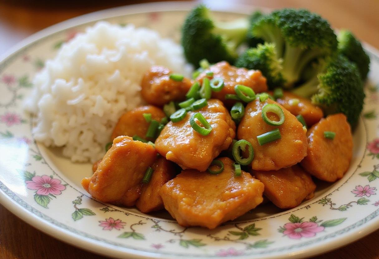 Serving the delicious Panda Express Orange Chicken Copycat Recipe, beautifully plated with rice and broccoli.