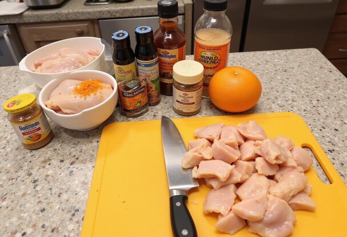 Preparing chicken for Panda Express Orange Chicken Copycat Recipe with fresh ingredients and spices.
