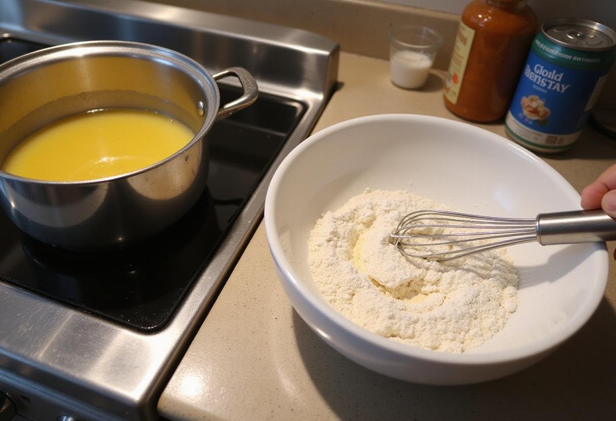 Creating a crispy batter for Panda Express Orange Chicken by mixing cornstarch in a bright kitchen.