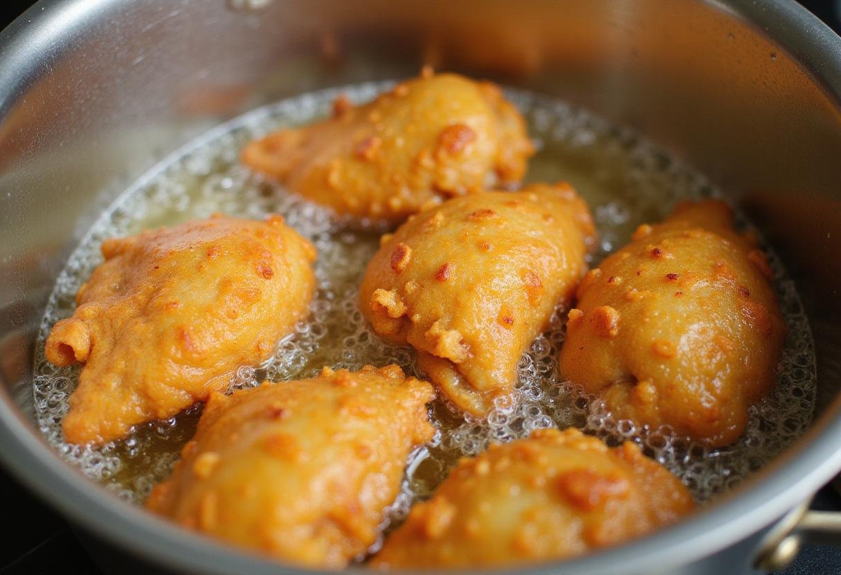Frying the chicken for Panda Express Orange Chicken Copycat, showcasing the crispy texture and golden color.