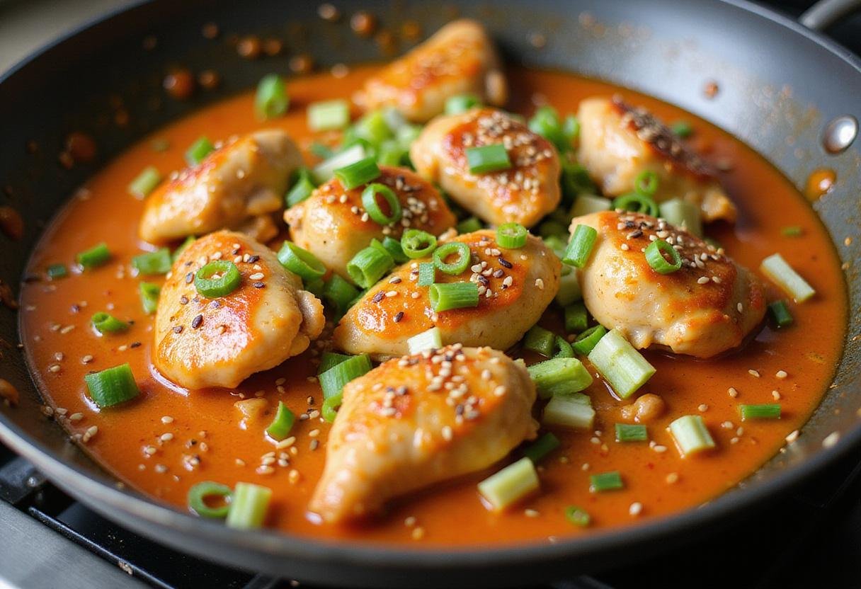 Tossing chicken in vibrant orange sauce for Panda Express Orange Chicken Copycat Recipe, adding fresh toppings.