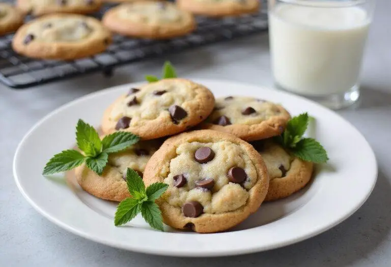 Delicious peppermint chocolate chip cookies served on a plate, ideal for holiday treats and festive gatherings.