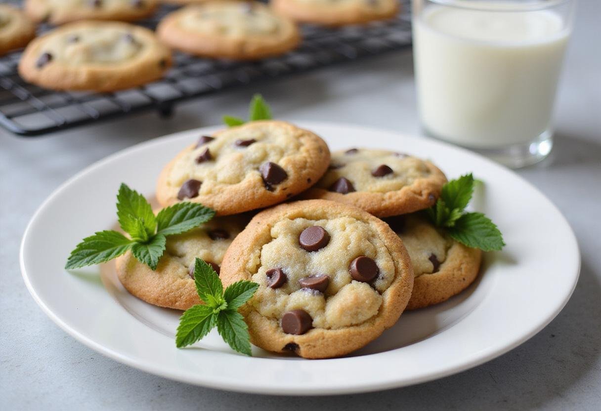 Delicious peppermint chocolate chip cookies served on a plate, ideal for holiday treats and festive gatherings.