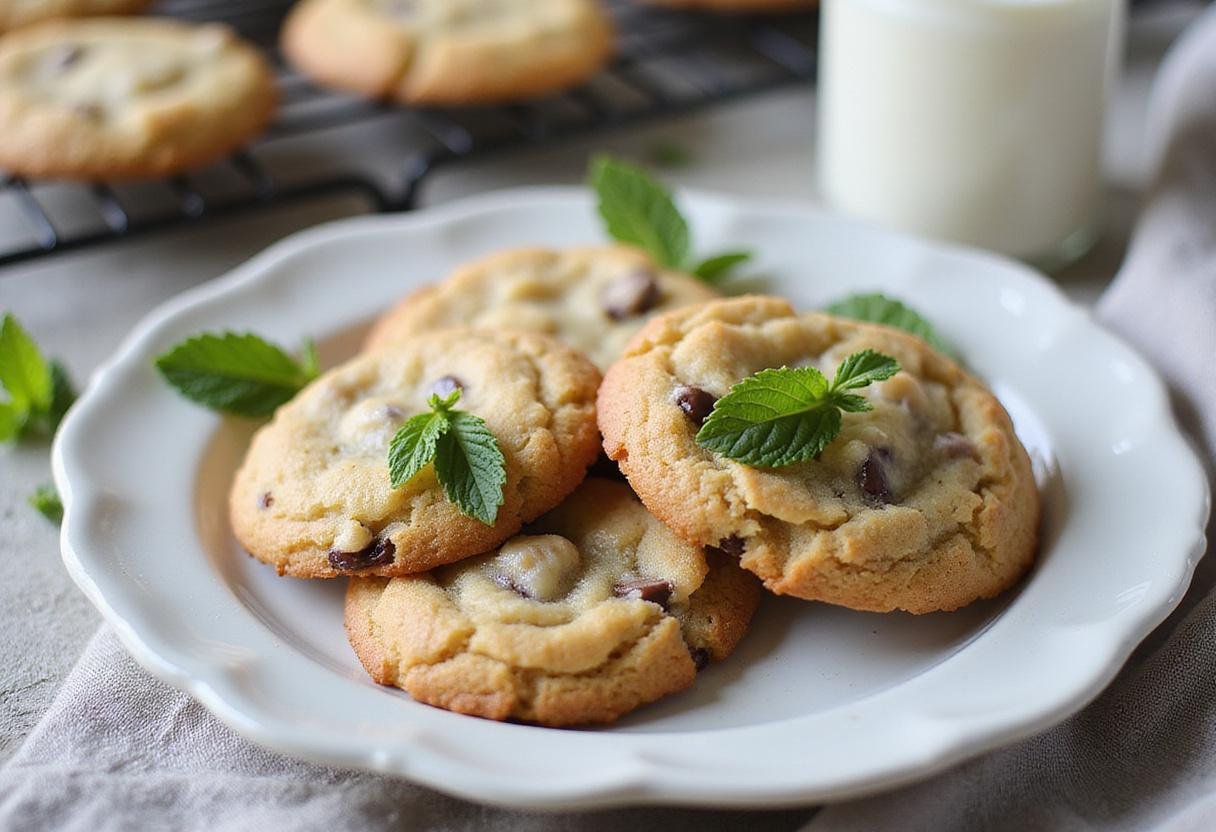Delicious peppermint chocolate chip cookies served on a plate, ideal for holiday treats and festive gatherings.