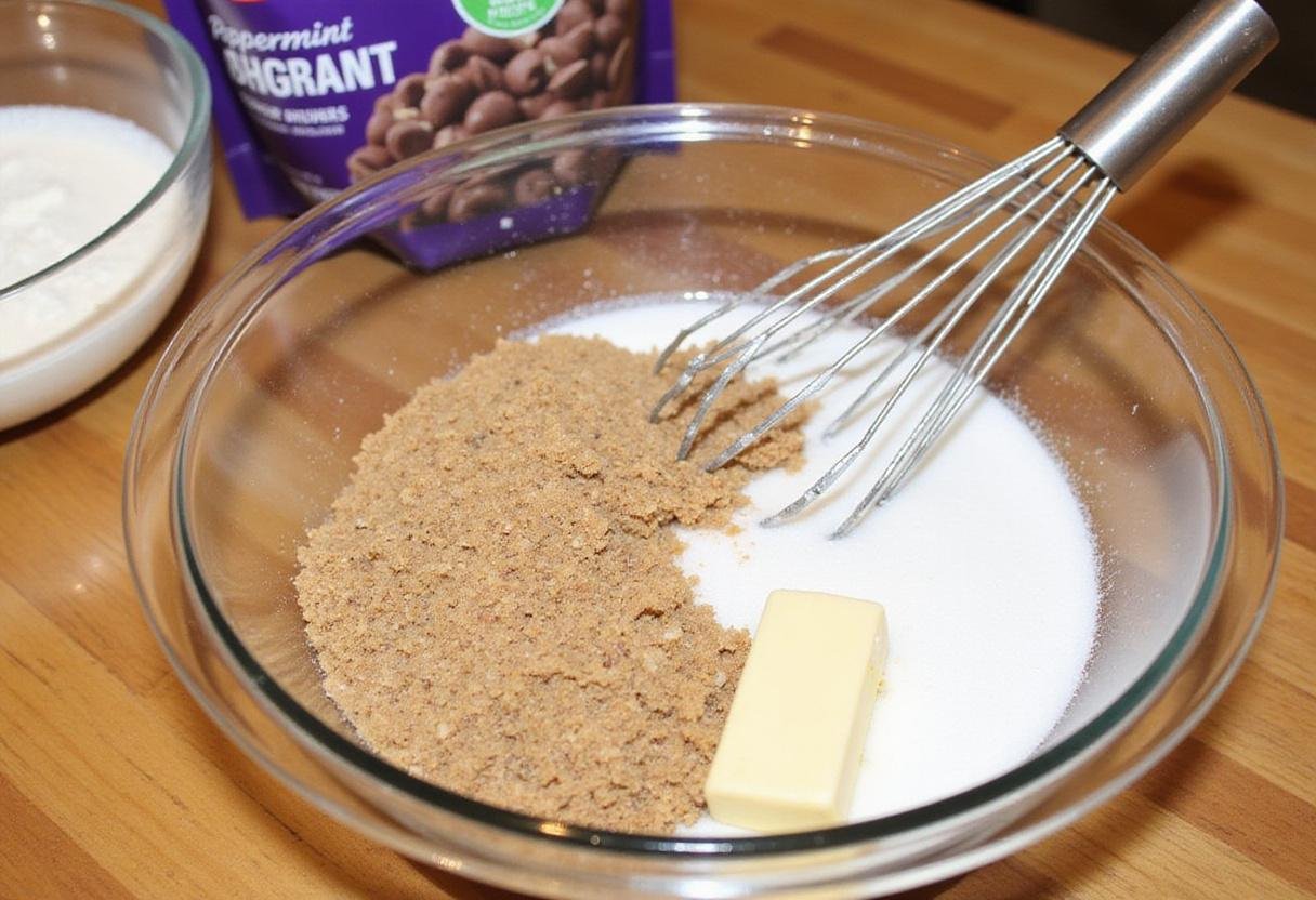 Making peppermint chocolate chip cookies by creaming butter and sugars together in a mixing bowl on a wooden countertop.