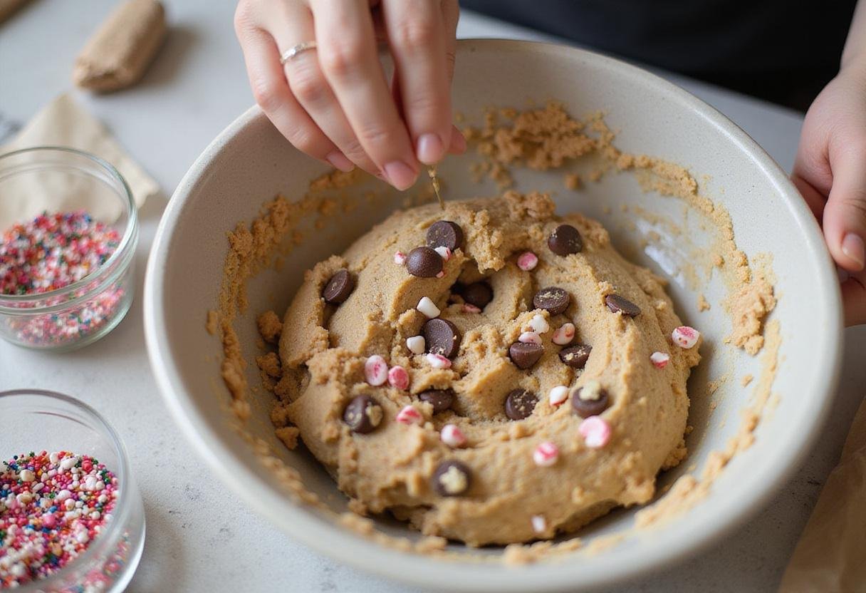 Folding in chocolate chips for peppermint chocolate chip cookies, showcasing the vibrant ingredients used in the recipe.