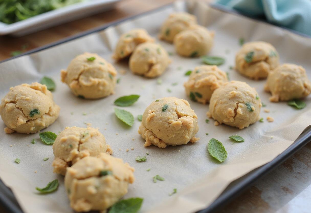Preparing peppermint chocolate chip cookies by placing dough balls on a baking tray, ready for the oven.