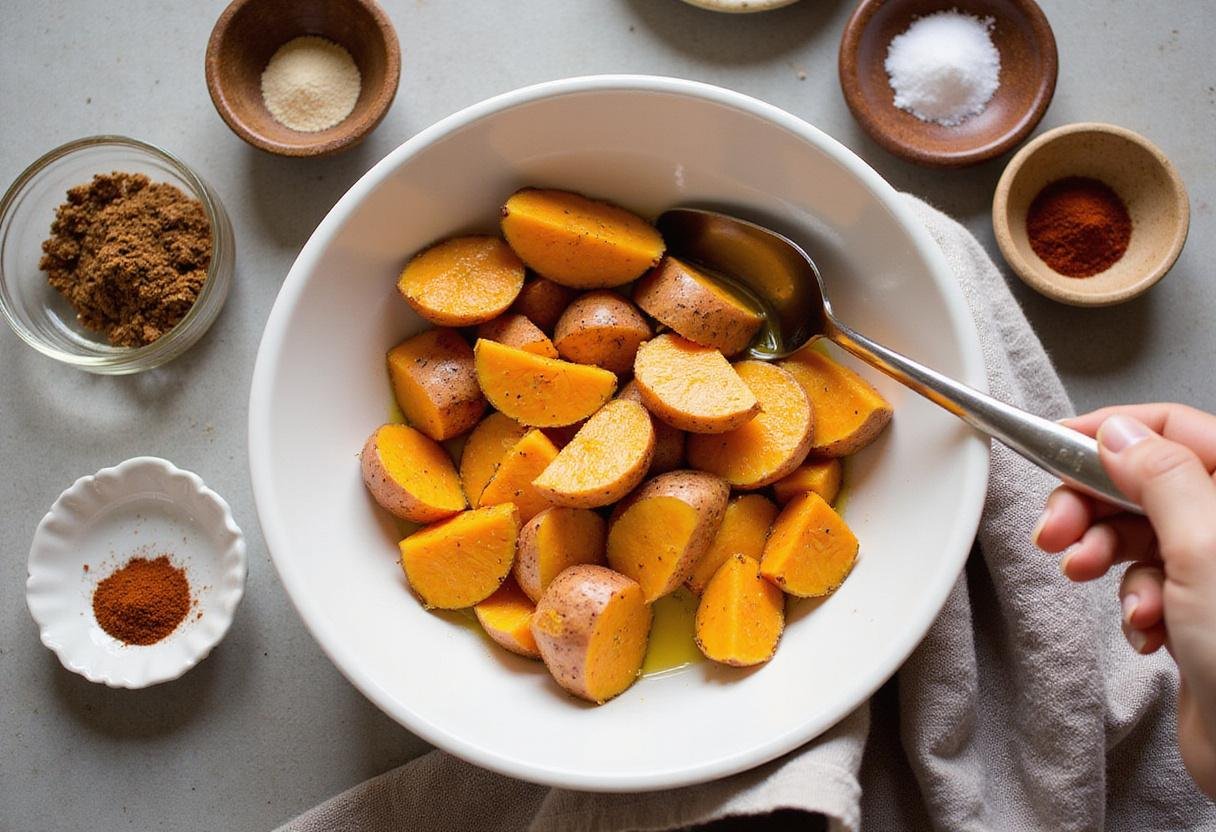 baking sweet potatoes with olive oil and seasoning, preparing sweet potatoes for air fryer