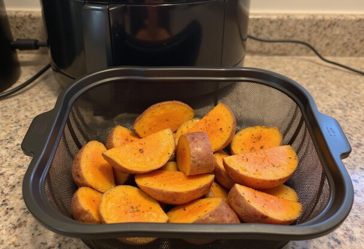 placing sweet potatoes in air fryer, preparing to bake sweet potatoes in air fryer