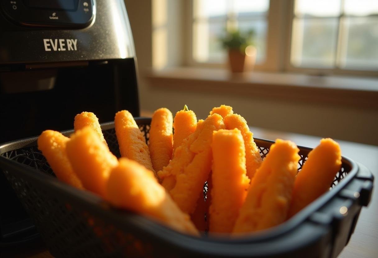 Frozen cheese sticks set in an air fryer basket, ready to achieve a crispy texture.
