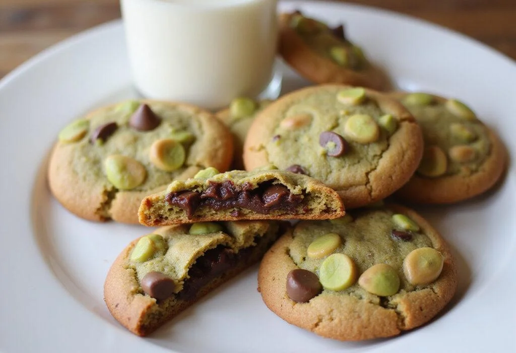Displaying delicious homemade pistachio chocolate chip cookies on a plate with gooey chocolate and a glass of milk.