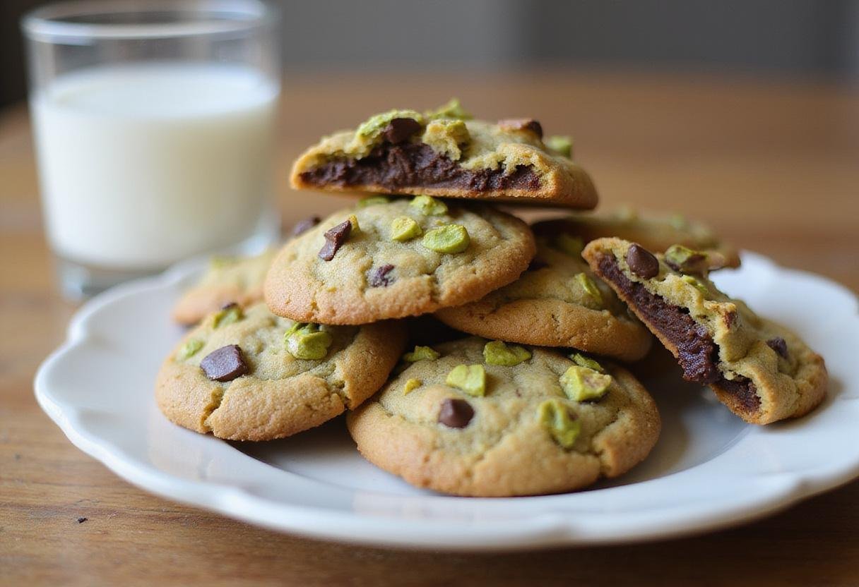 Displaying delicious homemade pistachio chocolate chip cookies on a plate with gooey chocolate and a glass of milk.