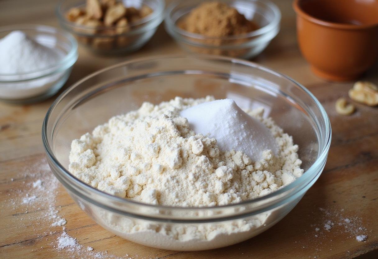 Preparing dry ingredients for pistachio chocolate chip cookies with flour, baking soda, and salt.