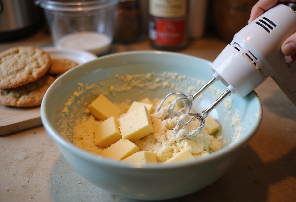 Creaming butter and sugars for pistachio chocolate chip cookies in a warmly lit kitchen.
